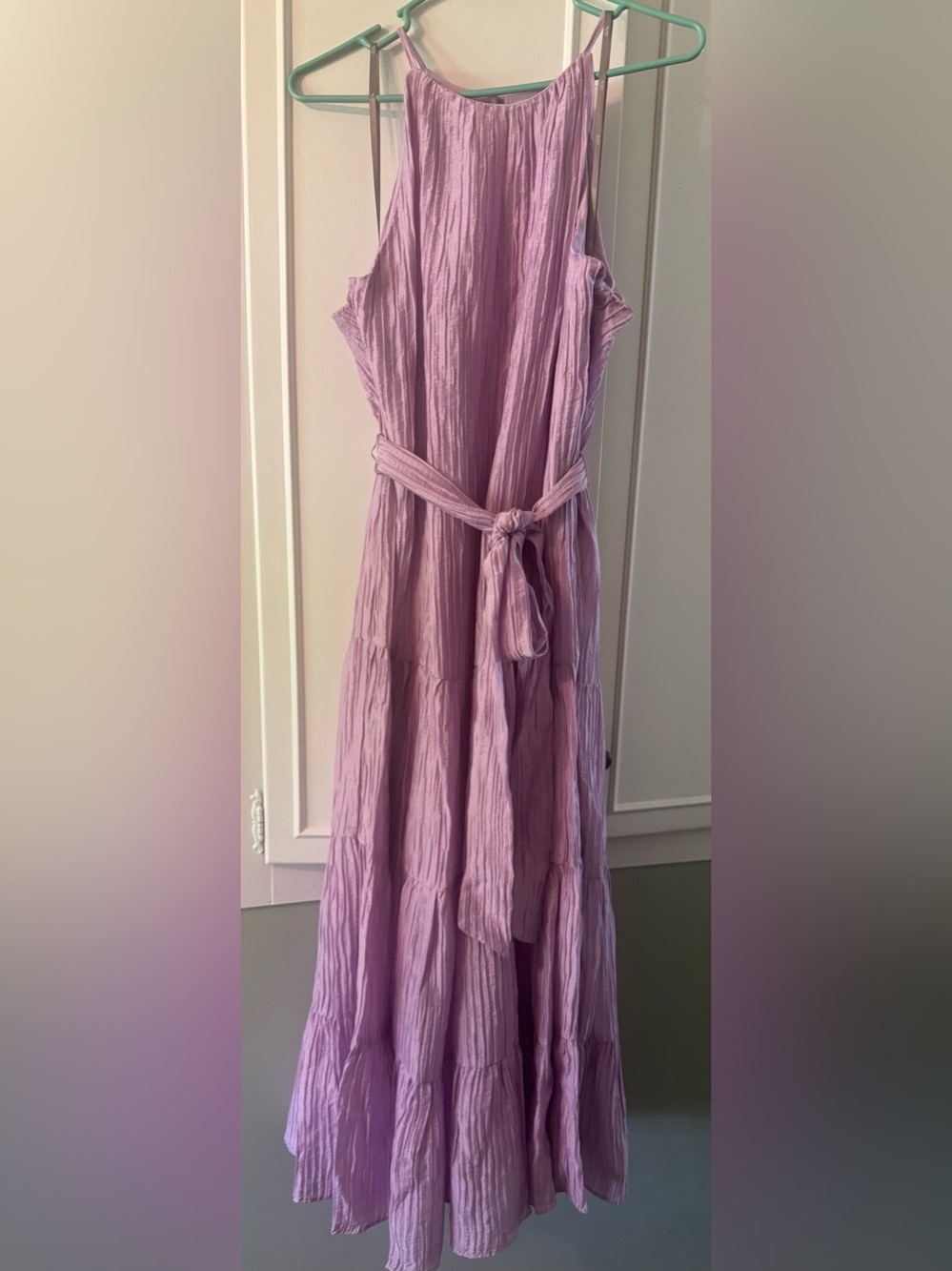 BCBG Lavender/orchid Halter Tiered  Dress with Waist Tie -Large